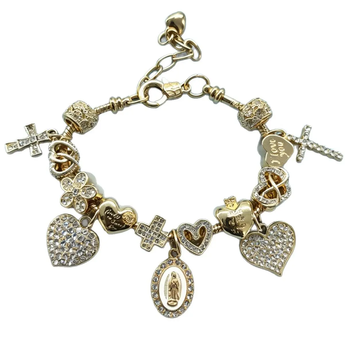 Women's Virgin Mary Charm Bracelet - Gold Plated Christian Cross & Rhinestone Heart Pendants, Our Lady of Guadalupe Faith Jewelry For Baptism, Daily Wear & Religious Gift