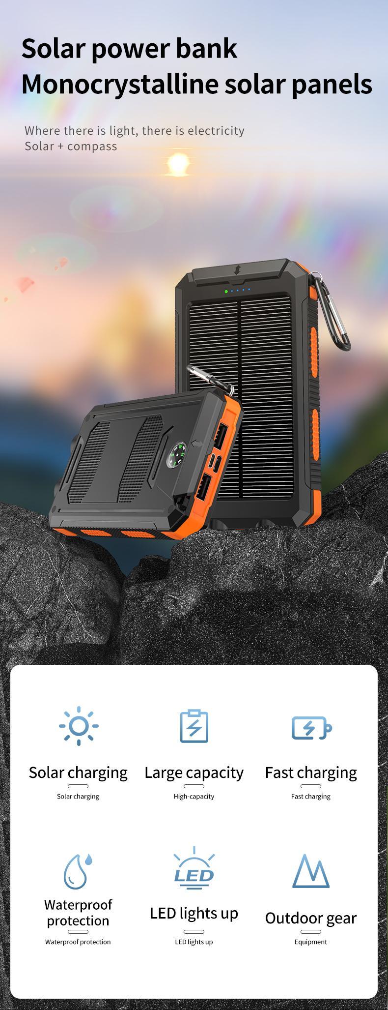 20000mAh Portable Solar Charger Power Bank with LED Flashlight - Dual USB-A Output, Waterproof Outdoor Design with Compass & Carabiner for Phone Android 20000mAh Portable Solar Charger Power Bank with LED Flashlight - Dual USB-A Output, Waterproof Outdoor Design with Compass & Carabiner for Phone Android