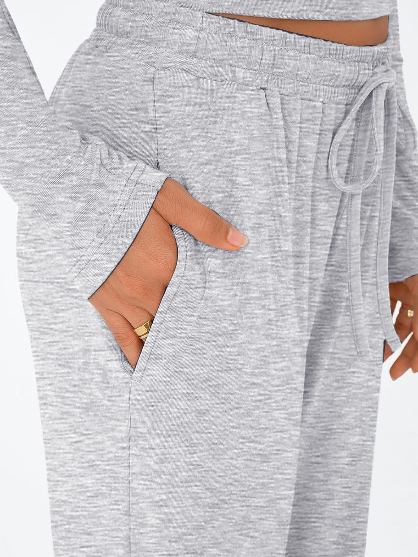 2026 Women's Two-Piece Loungewear Set, Soft Long-Sleeved Round-Neck Crop Top, Drawstring High-Waisted Wide-Leg Pants with Pockets