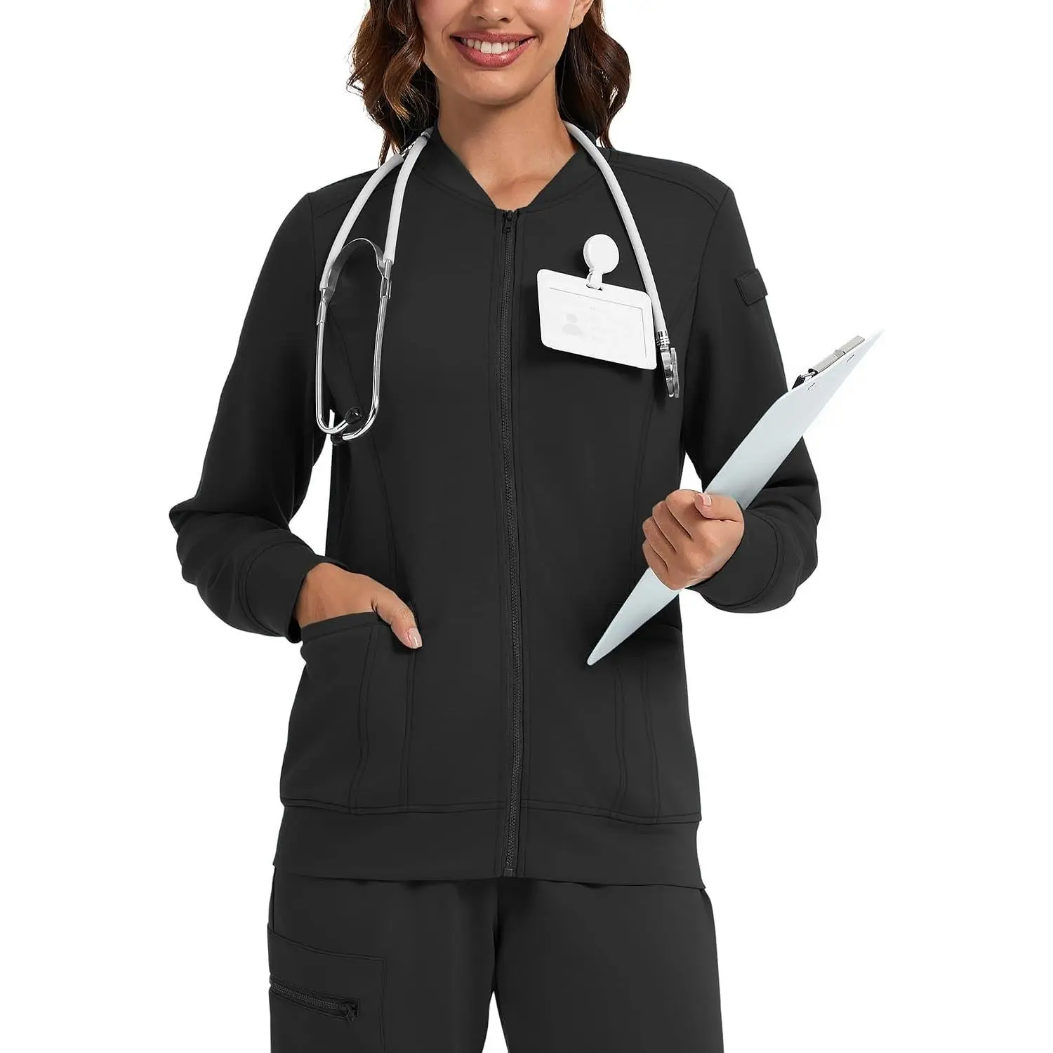 Scrub Jackets for Women Zipper Bomber Jacket Medical Nurse Coats with Pockets