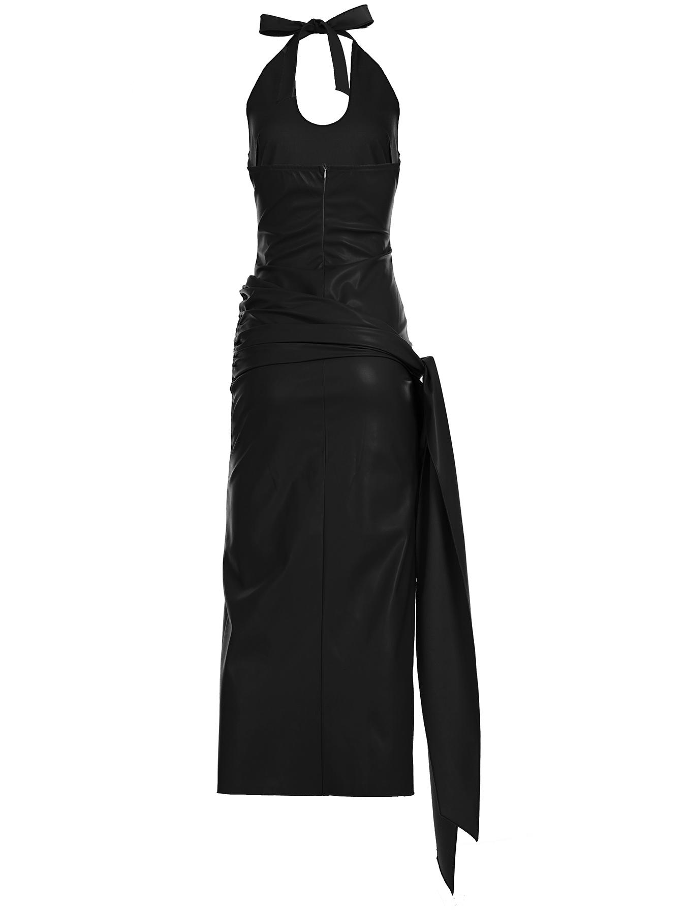 Leather Split Backless Solid Color Sexy Fashion Long Dress, Summer Slim-Fit PU Fabric, Moderate Thickening, Perfect for Night Out
