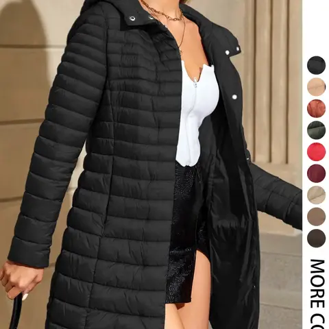 Women's Mid-Length Puffer Coat, Casual Hooded Top with Pockets and Buttons, Fall & Winter Warm Woven Outerwear, Lightweight Thick Fabric Womenswear