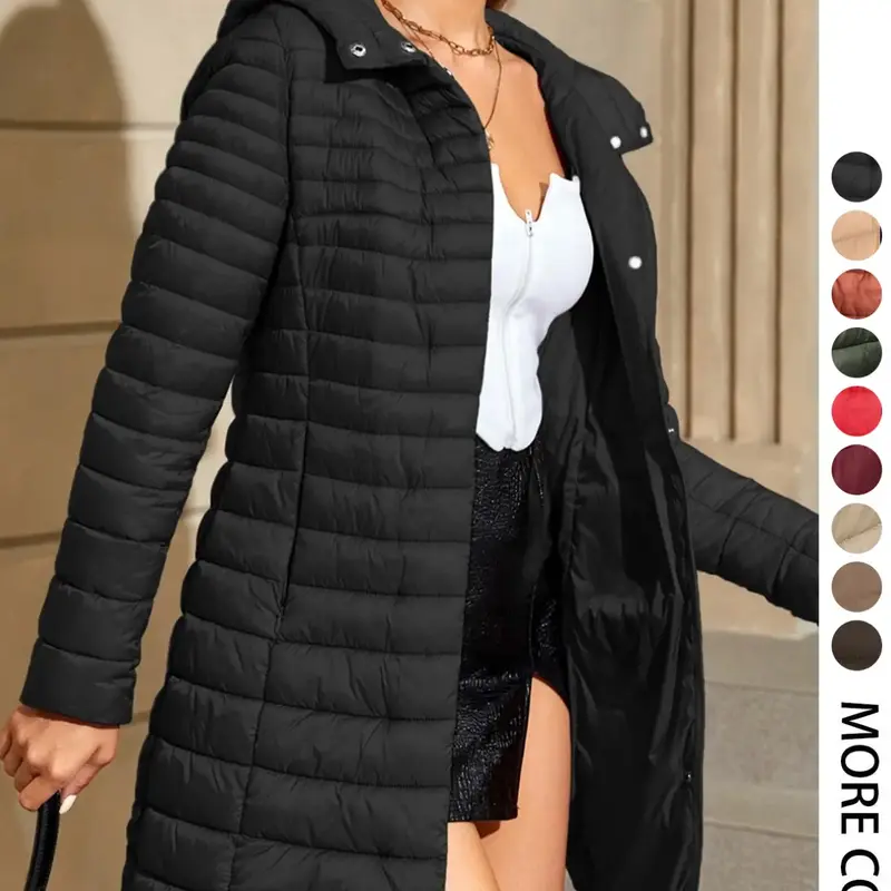 Women's Mid-Length Puffer Coat, Casual Hooded Top with Pockets and Buttons, Fall & Winter Warm Woven Outerwear, Lightweight Thick Fabric Womenswear