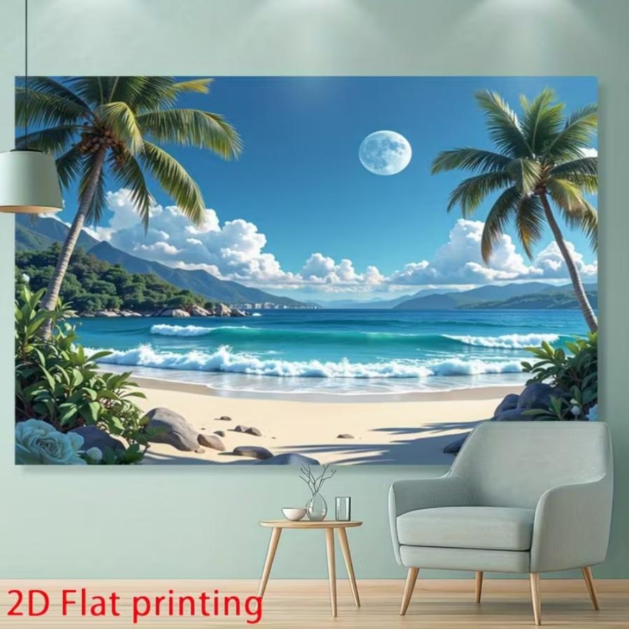 Hawaii Beach Banner, Tropical Party Banner with Palm Trees, Waves, Full Moon, Polyester, Wedding, Birthday, Anniversary Decorations