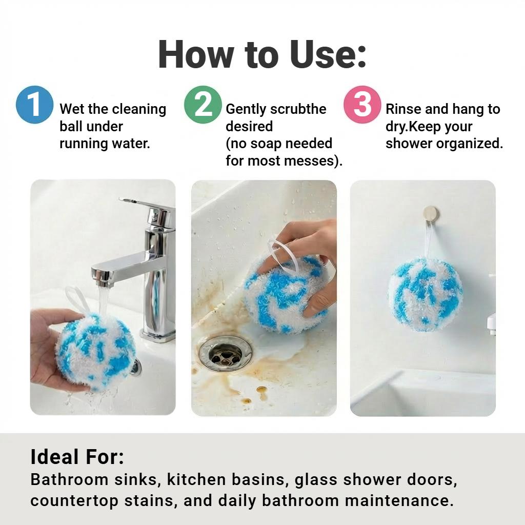 Magic Cleaning Balls 3PCS, No-Cleaner Multi-Purpose Scrubber, Wall-Mounted Bathroom Cleaning Kit for Sink, Bathtub, Vanity, Wash Basin & Faucet