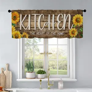 1 Pc Summer Sunflower Kitchen Wood Grain Linen Texture Background Kitchen Curtains Valance Living Room Bedroom Bathroom Home Decoration 54 Inches * 18 Inches