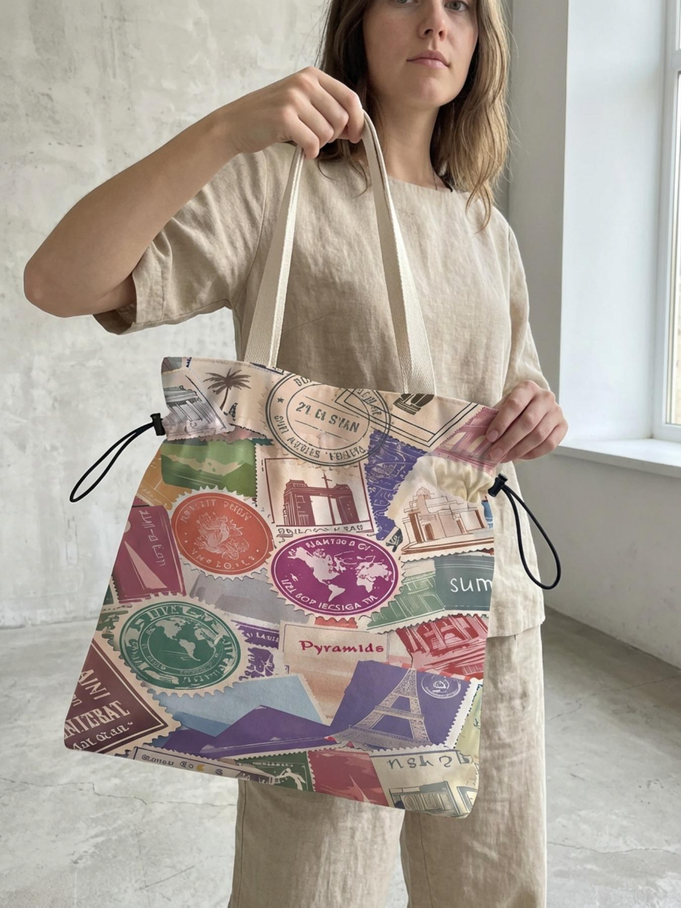 Stamp Pattern 2D Printed Drawstring Tote Bag, Large Capacity Shopping Bag, Commuter Tote Bag, Durable and Wear-Resistant, Random Print, All Seasons