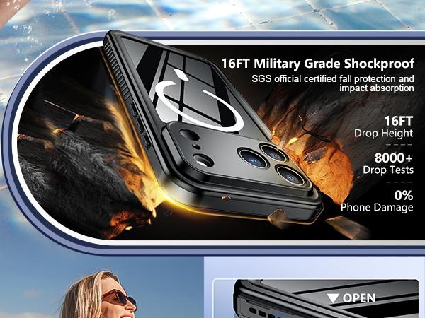 Temdan Magnetic for iPhone 17/16/15/14 Pro/Pro Max/Plus/Air Case Waterproof,Built-in Screen Protector[IP68 Underwater][Upgrade Military Dropproof][Compatible with MagSafe] Full Body Shockproof Translucent Case 6.3''/6.9''-Black/Orange