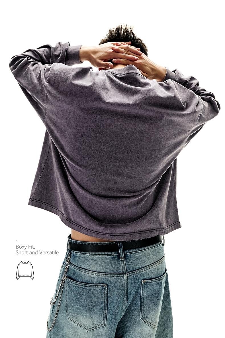 Inflation 100% Cotton 270g Cropped Boxy Fit Washed Oversize Streetwear Long Sleeve T-Shirt Autumn New American Vintage Washed Cotton Tee Short Menswear Top Tshirt Round Neck Crewneck Casual Bestie Operator Beige Plain