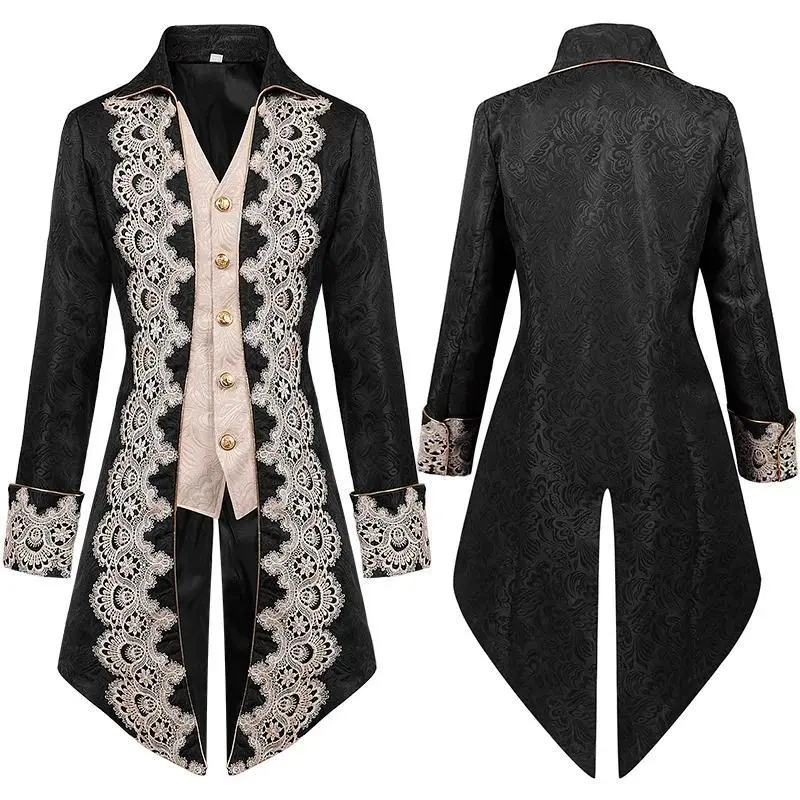 Men's Steam Punk Medieval Tailcoat Gothic Victorian Dress Coat Uniform with Lace Halloween Cosplay Stage Performance Clothing
