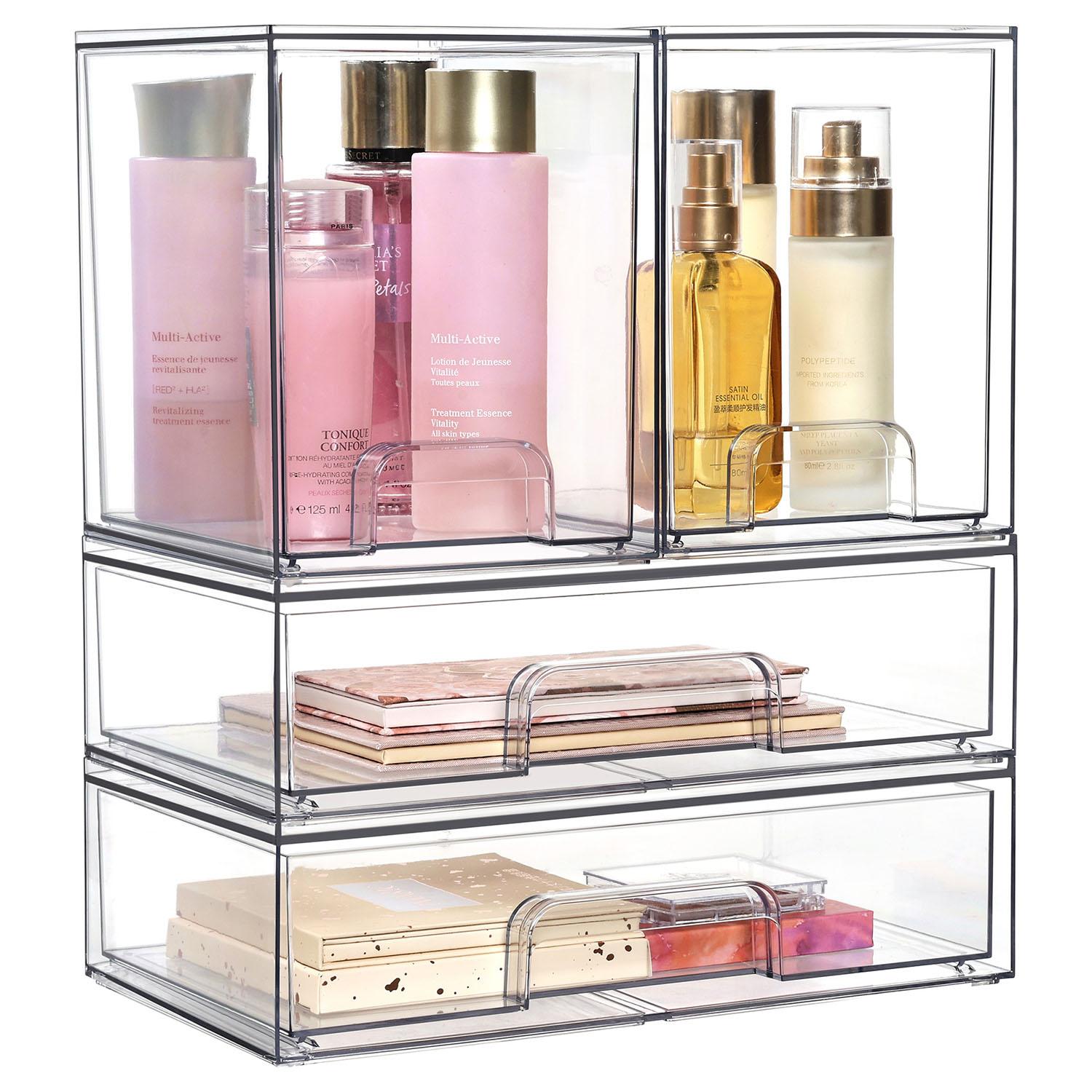 Stackable Storage Drawer Set (4 Pieces), Transparent Plastic Organizer Boxes, Makeup Box Organizer, Ideal for Cosmetics & Beauty Products, Bathroom, Cabinet, Food Storage