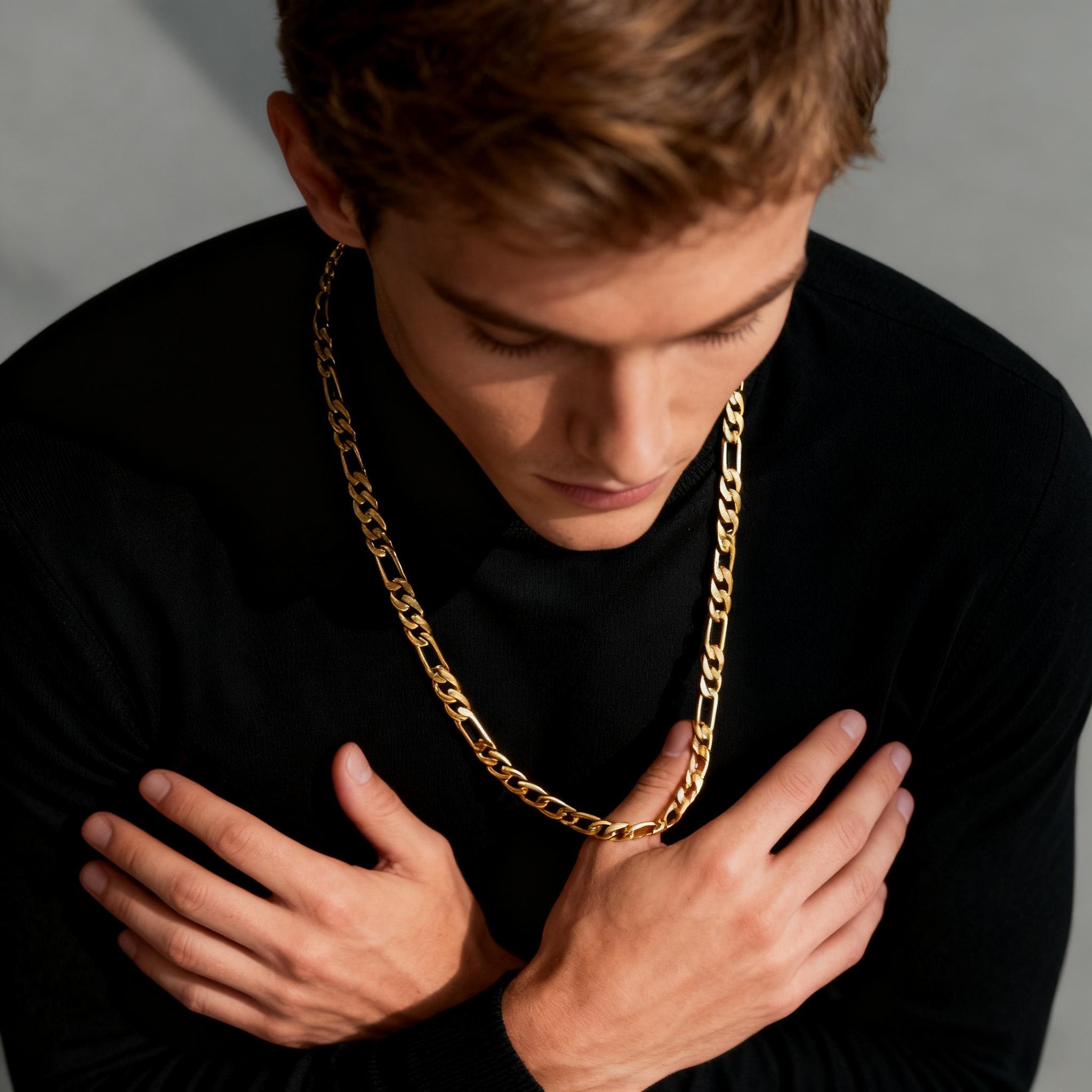[Free 3-Day Shipping] Men's 14K Gold-Plated Brass Figaro Chain Necklace — 2mm/10mm width, available in 20–26-inch lengths. Italian-style Cuban chain, anti-tarnish nano-coating, hip-hop street style, minimalist layered jewelry, men's gift