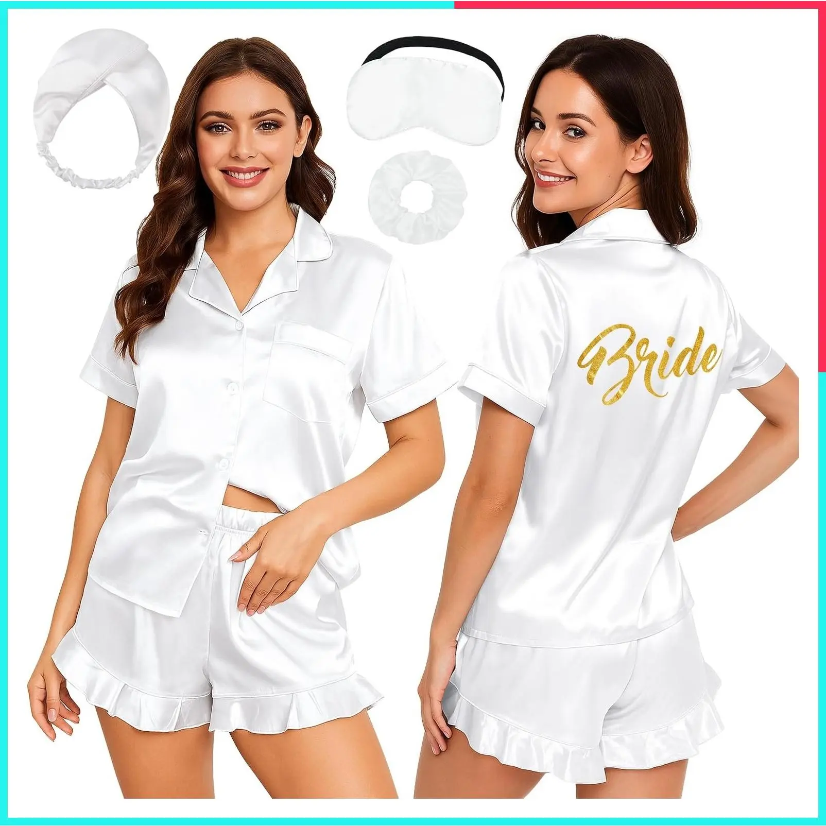 Women's Bridal Pajamas Set with Glitter, 2Pcs Silk Satin PJs for Bride, Bridesmaid, Bachelor Party Gifts