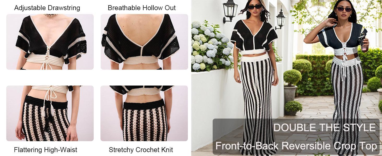 Skirt Sets Women 2 Piece Outfits Crochet Crop Tops and Striped Maxi Skirt Vacation Outfit Hawaiian outfit Featuring an openwork knit texture design Suitable for vacations, beaches, and cruises Valentine's Day Skirt Sets Women 2 Piece Outfits Crochet Crop Tops and Striped Maxi Skirt Vacation Outfit Hawaiian outfit Featuring an openwork knit texture design Suitable for vacations, beaches, and cruises Valentine's Day