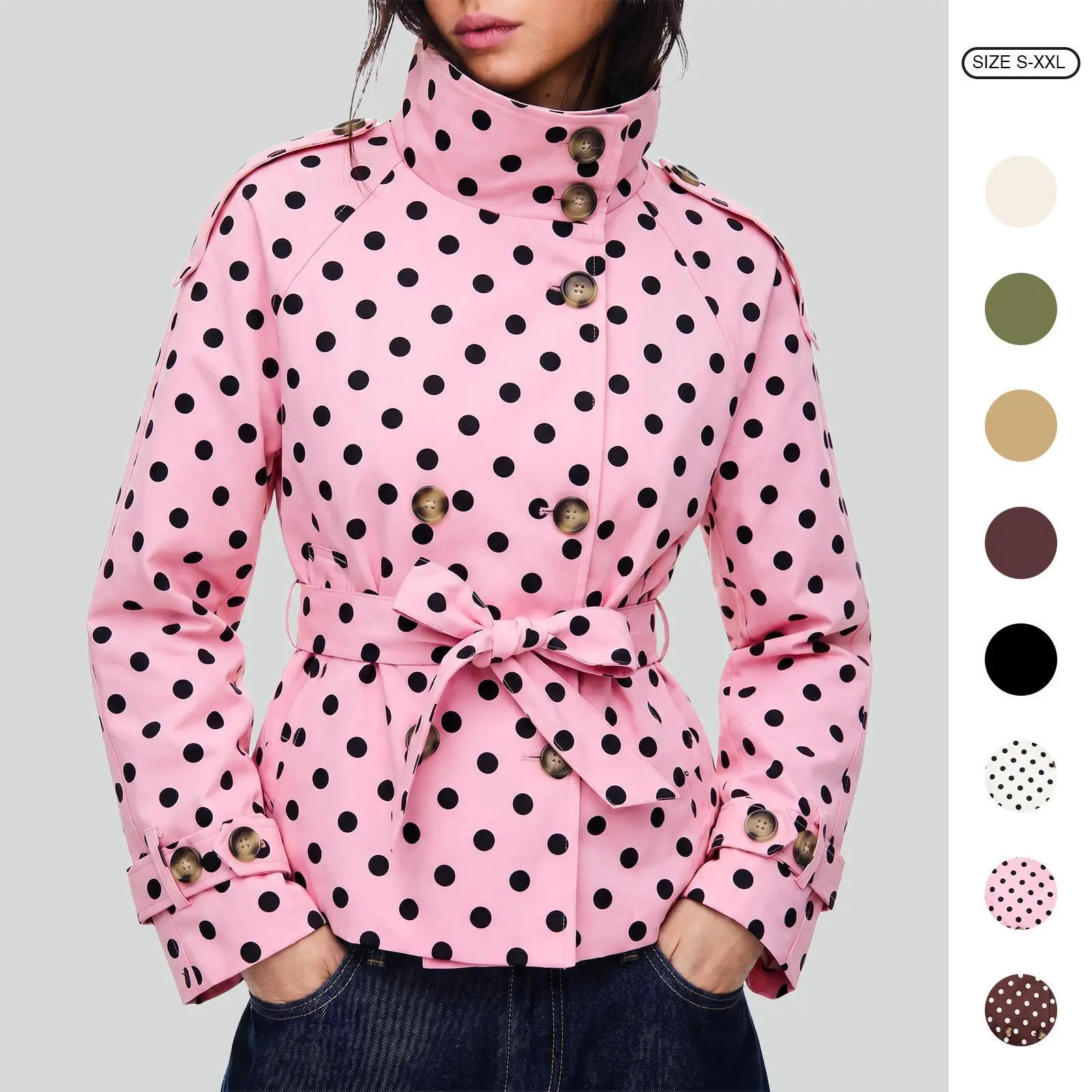 Imily Bela Women's Cropped Trench Coat Stand Collar Double Breasted Belted Short Windbreaker Jacket with Epaulets, Polka Dot & Solid Color Casual Outerwear S-XXL