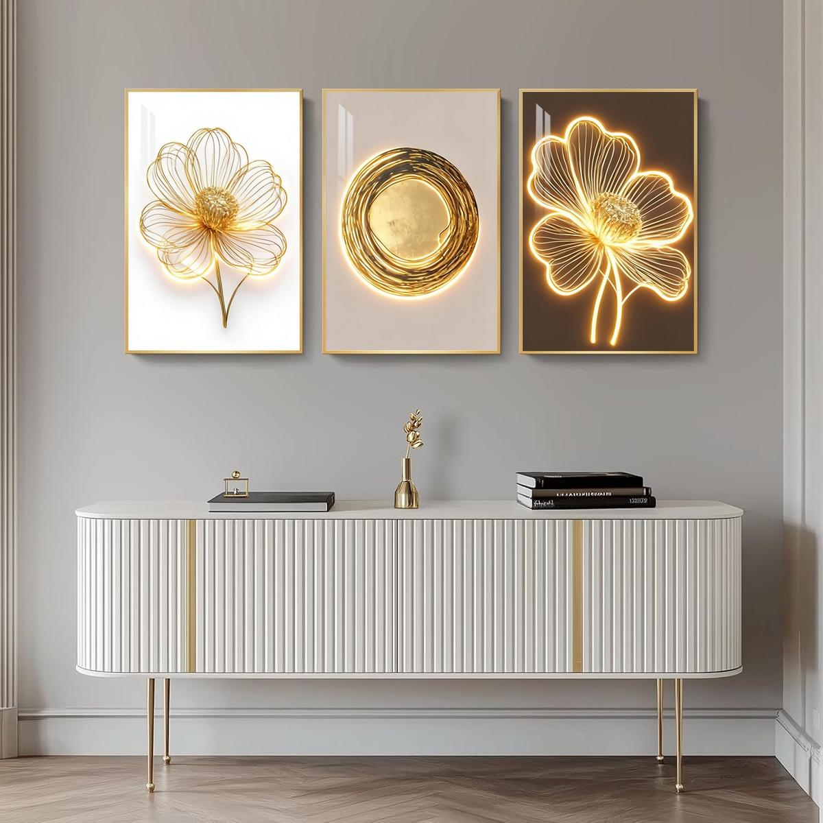 3 Counts Aluminum Alloy Framed Painting, Golden Wire Flower And Sun Abstract Art Pictures, Home Decoration For Living Room, Bedroom, Office, Restaurant, Hallway Wall Decor, Odorless Print Artwork, Luxury Perfect Gift For Friends And Family