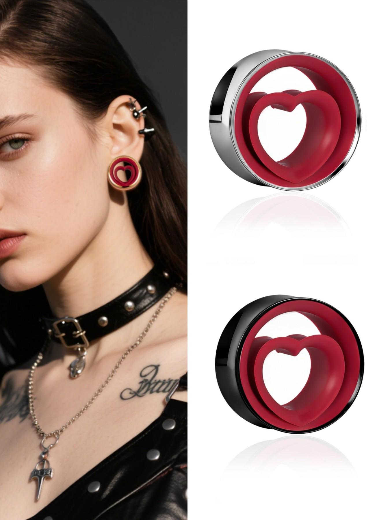 vanku 2pcs Statement Heart Ear Tunnels Plugs, 316L Stainless Steel Hypoallergenic Gauges, Boho Style, All Seasons, Punk Rock Look