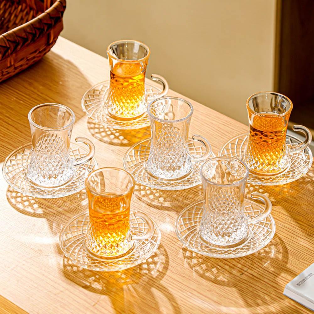 Set of 6 Turkish Tea Glasses With Handle, Slim Waist Design and Thick Sole Prevent Tea from Getting Cold, 4.2 oz Small Clear Teacup Set Glass Coffee Cups for Espresso Coffee, Hot Chocolate