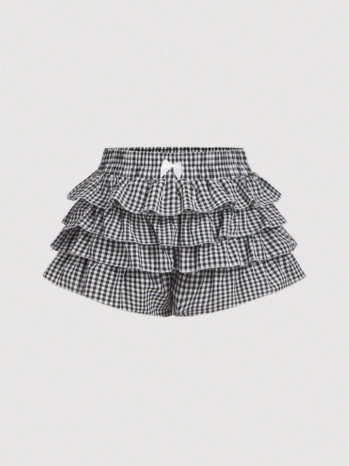 Casual Low Waist Plaid   Ruffle Hem Women's Shorts, Checkered Shorts, Women's Shorts for Summer, Perfect for School and Daily Wear
