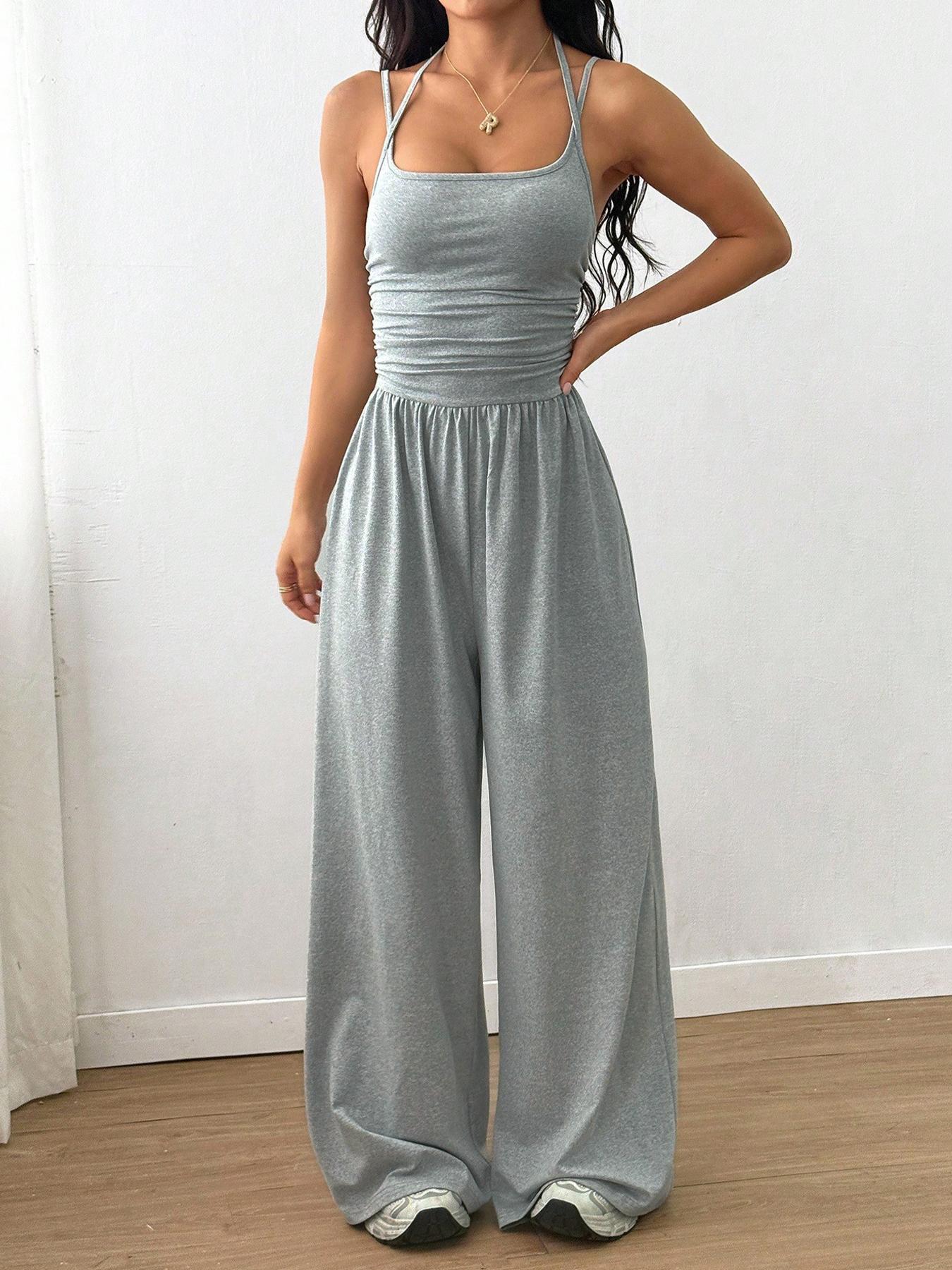 Women's Sleeveless Jumpsuit, Pleated Waist Wide-Leg Pants, One-Piece Sexy Backless Design, All Seasons Fitted Organic Textile