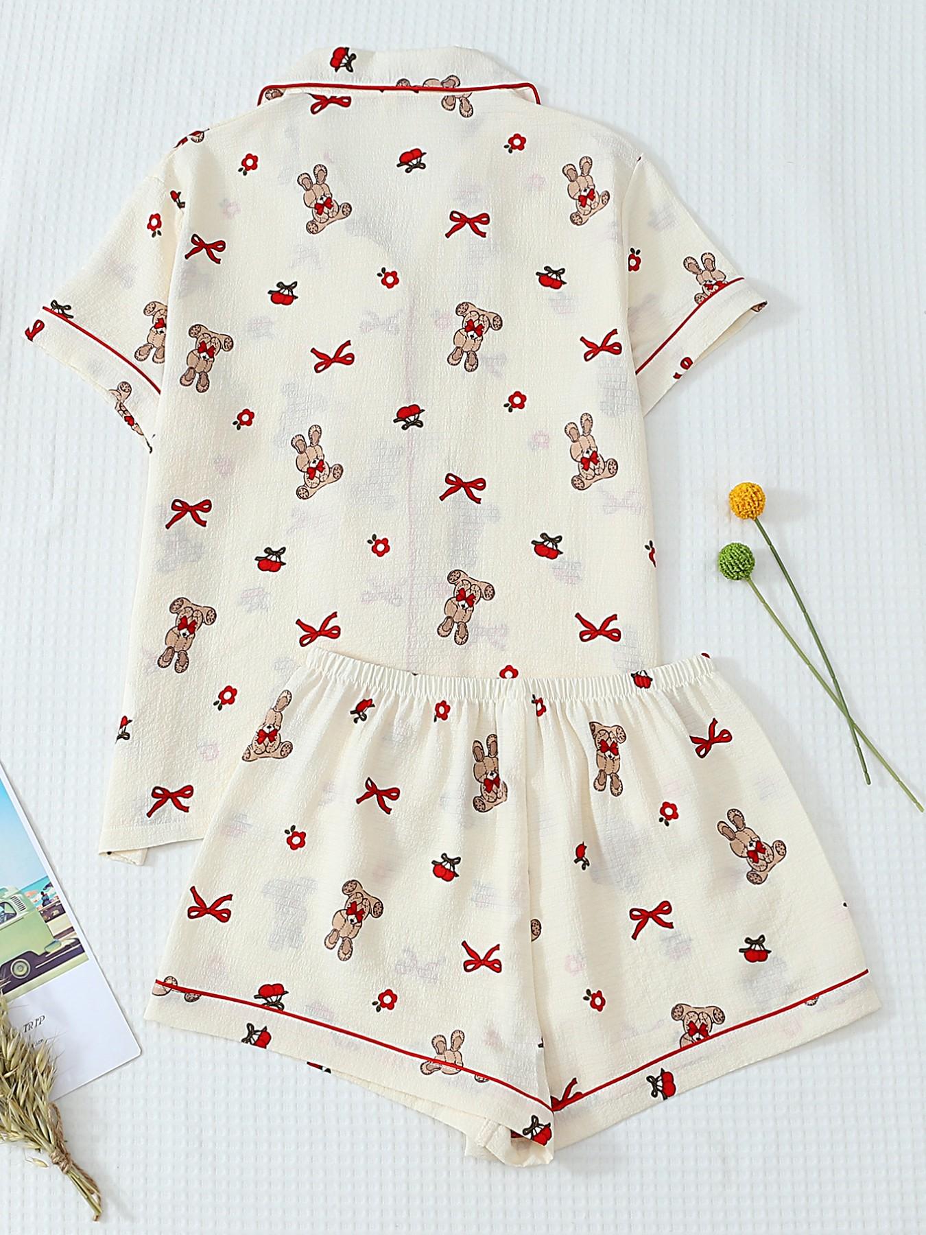 Women's Short Sleeve Button Down Top and Shorts Pajama Set, Spring Summer Wear, For Japanese Kawaii Sweet Girls, Cream Base Cute Bunny Bow & Floral Print, Classic Lapel Collar With Contrast Red Piping, Loose Fit, Comfortable For Home & Going Out