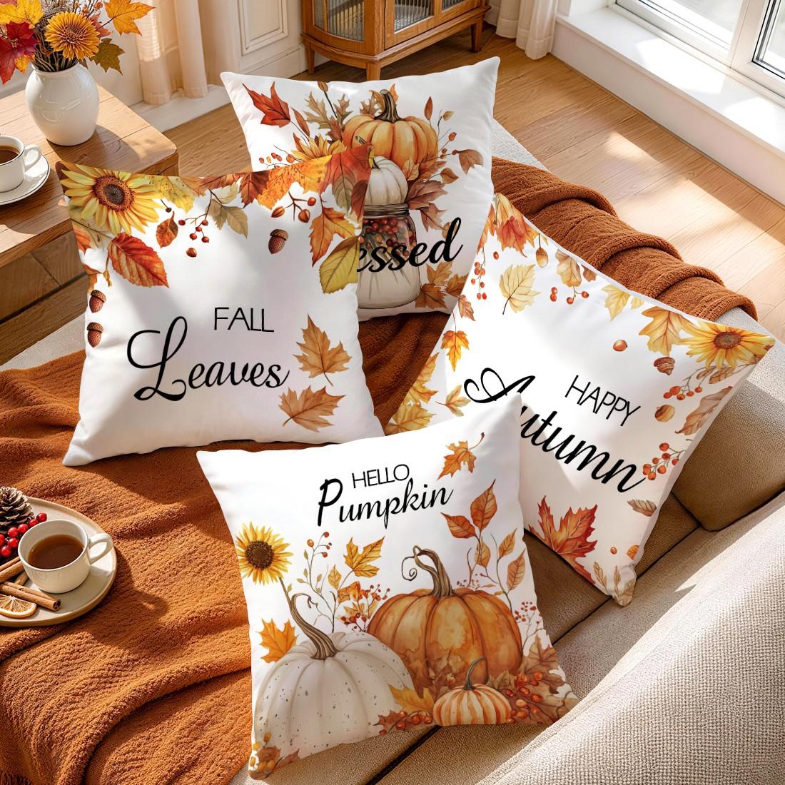 4pcs Autumn Sunflower Maple Leaf Pattern Cushion Covers, Single-Sided Print, Home Decor for Living Room Bedroom, All Seasons