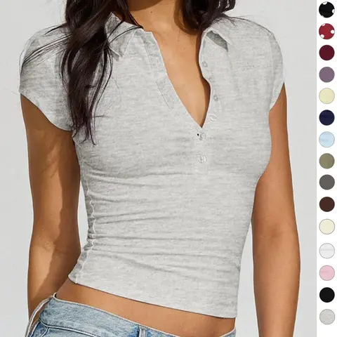 【Black Friday】Women's Solid-Color Slim-Fit Cropped Polo Shirt, Comfortable V-Neck Button-Front Cap-Sleeve Top for Casual Wear
