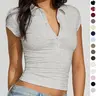 【Black Friday】Women's Solid-Color Slim-Fit Cropped Polo Shirt, Comfortable V-Neck Button-Front Cap-Sleeve Top for Casual Wear