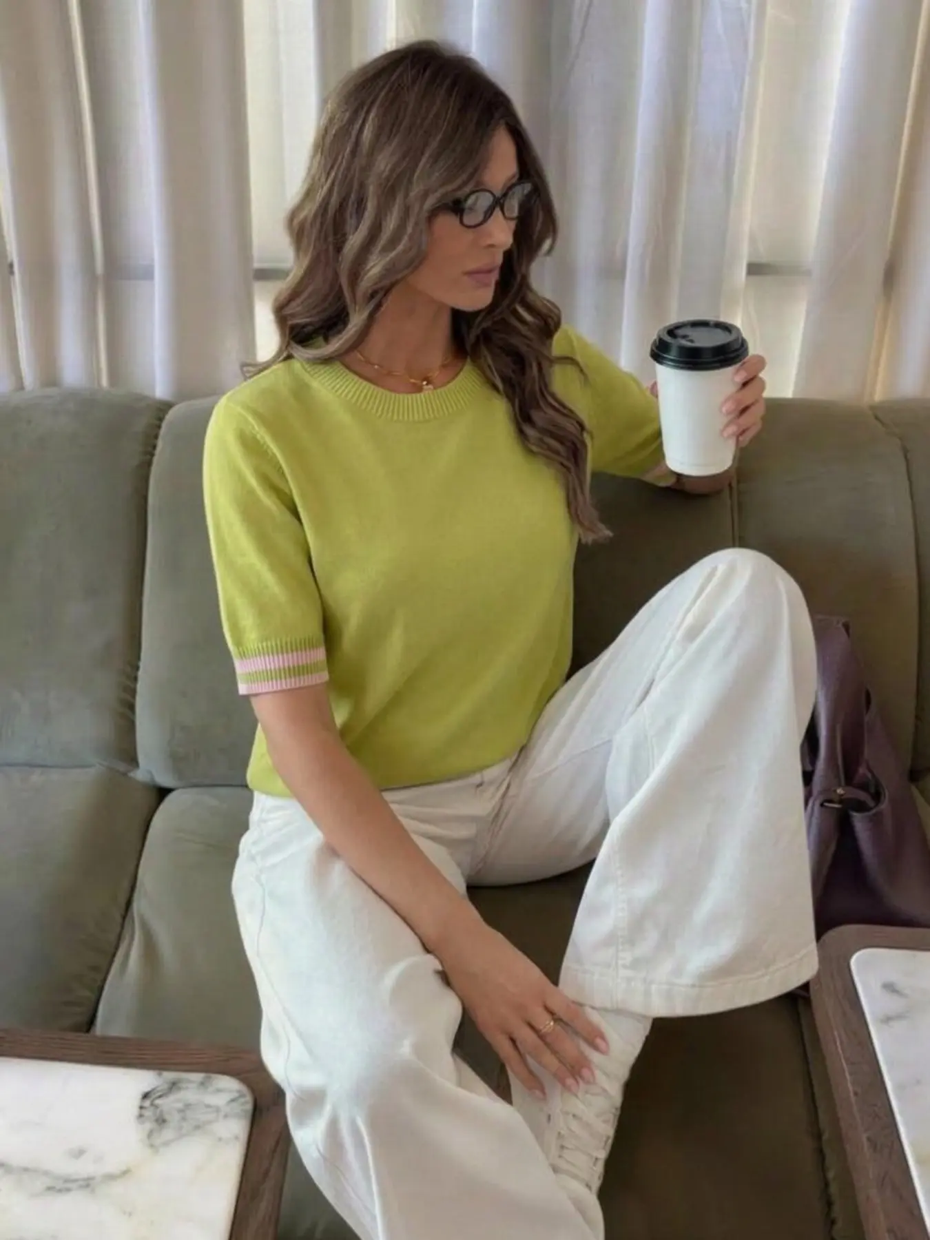 Summer Solid Color Knit Short Sleeve Top, Lazy Slow Style Airy Thin Lightweight Knitted Shirt for Women, Comfortable Casual Upper Garment