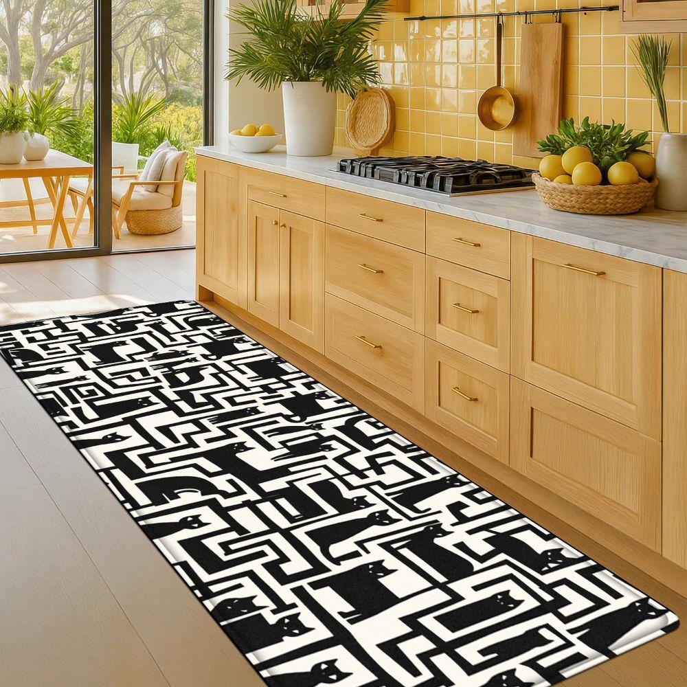 1PC， Black and White Geometric Maze Pattern strip rugs, home décor, bathroom mats, entryway mats, bathroom non-slip mats, indoor entrance rugs, bedroom bedside mats, kitchen mats, hallway rugs, flannel sponge rugs, hallway runner rugs