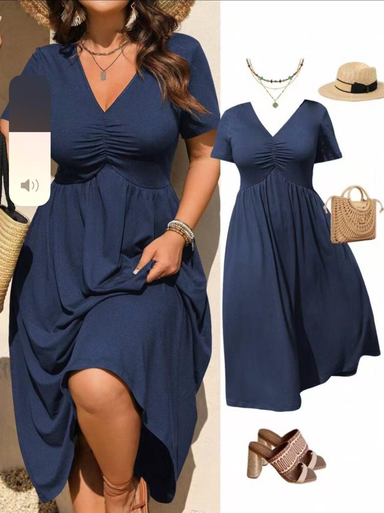 Plus Size V-Neck Ruched Fitted Bra Top Short Sleeve Midi Dress, Casual Summer Flowy A-Line Skirt, Women's Fashion Clothing