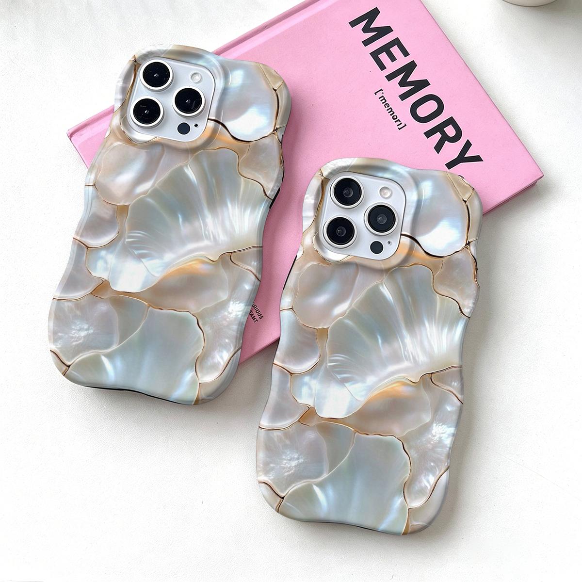 Shockproof Protective Smartphone Case for 6.1-6.7" Phones, Dual PC+TPU Blend with 2D Pearl Shell Ginkgo Leaf Golden Line Print, Marble Design, Camera Cover, Wavy Curved Raised Edges, Glossy Finish, Non-Slip, Easy Installation, Aesthetic Boost