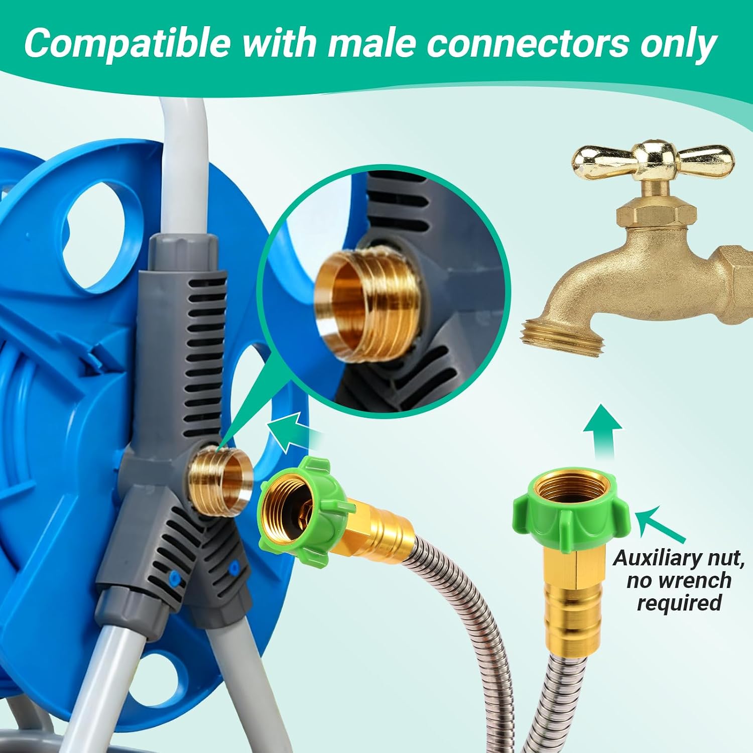 Short Metal Garden Hose with Female to Female Connector, Stainless Steel Small Leader Hose for Hose Reel, Outdoor Water Hose Extension Adapter (2 ft)