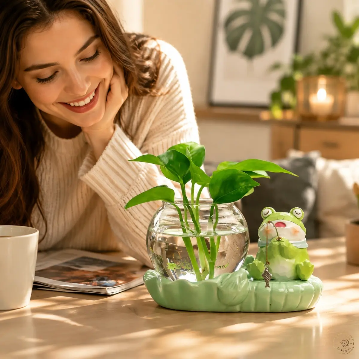 Cute Animal Figurine Hydroponic Plant Vase, Clear Glass Water‑Growing Container with Ceramic Lotus‑Shaped Base, Decorative Fishing‑Style Statue Planter for Desk, Bedroom, Tea‑table and Casual Hand‑crafted Tabletop Ornament
