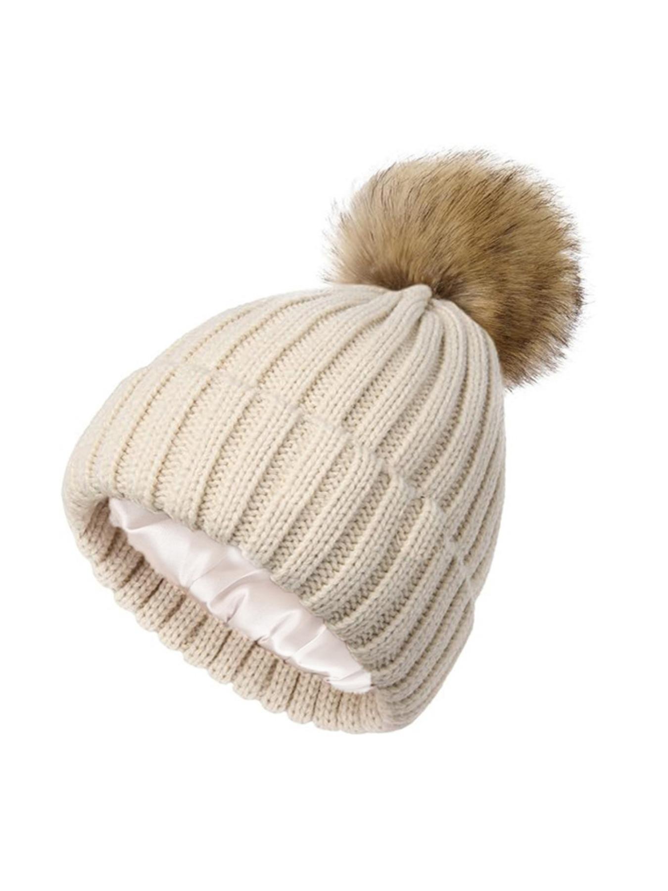 Unisex Plain Striped Beanie Hat, Satin Lined Knit Cap with Pom Pom, Warm Comfortable Windproof Winter Accessory, No Tag Design, Knitted Winter Hat