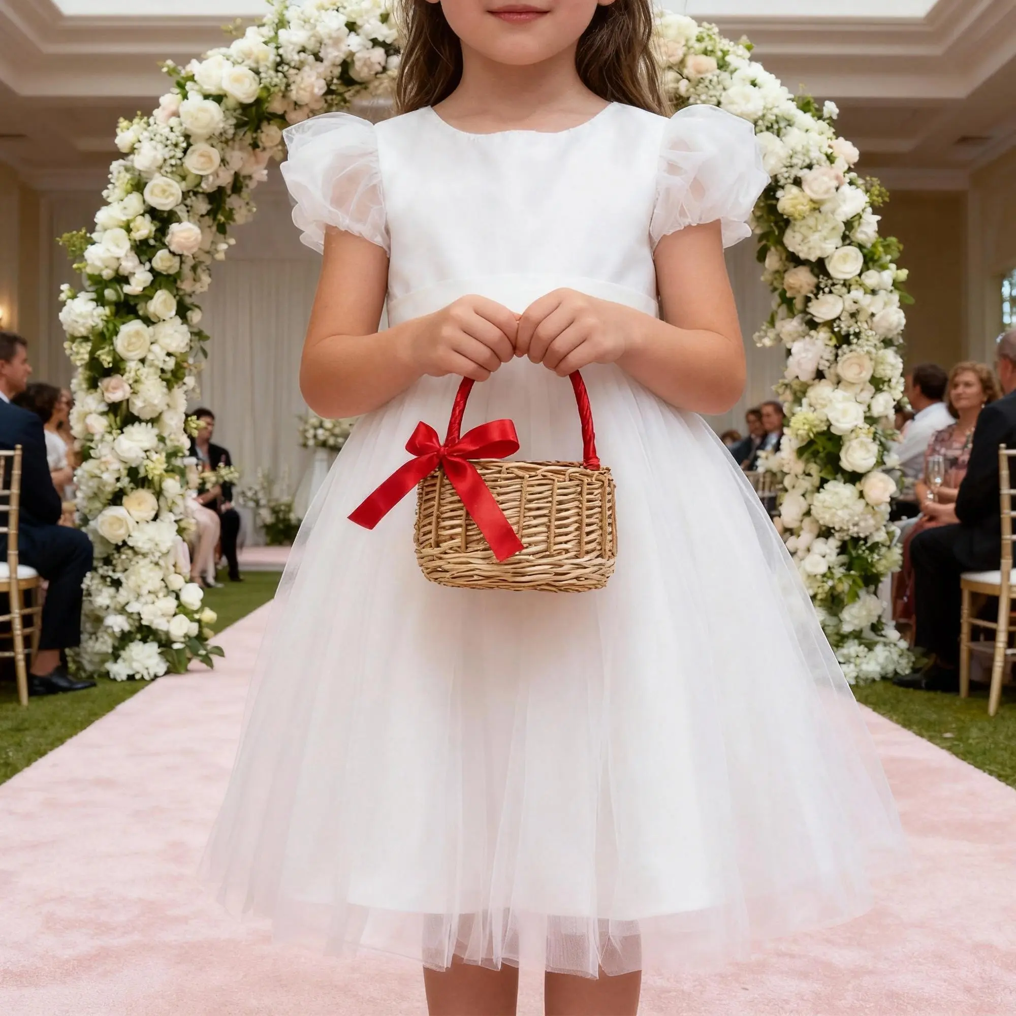 Small Lightweight Handwoven Natural Wicker Basket with Handle, Red Ribbon Bow, Rustic Charm Organizer - Wedding Decor for Flower Girl, Gift Packaging, Party Favors