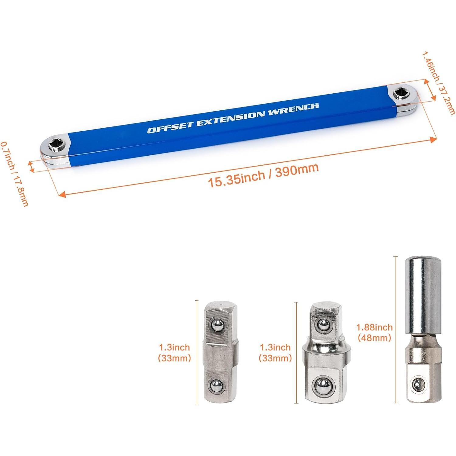 Ratchet Offset Extender Set,1/4",3/8",1/2" Square Drive Adapters | Offset Extension Wrench tool for Tight Spaces Fasteners,Ratcheting Socket Wrench Extension Bar