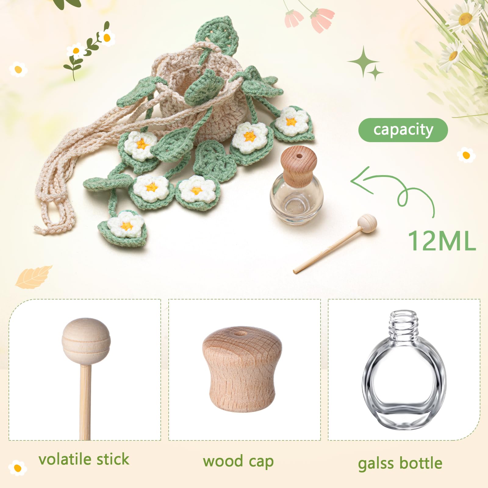 Cute Crochet Plant Design Car Hanging Crochet Car Air Freshener 12ml Empty Refillable Car Diffuser Bottle with Cute Potted Plants  Accessories Essential Oil Diffuser for Girlfriend family Gift Car Decor Decoration  Springtok