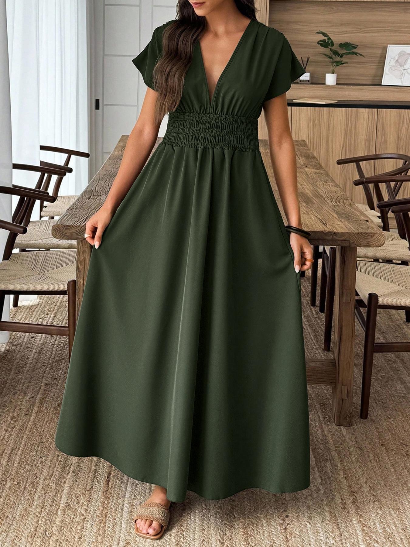 1 Piece Women's Summer Army Green V Neck Split Maxi Dress, Flowy High Waist Vacation Party Outfit