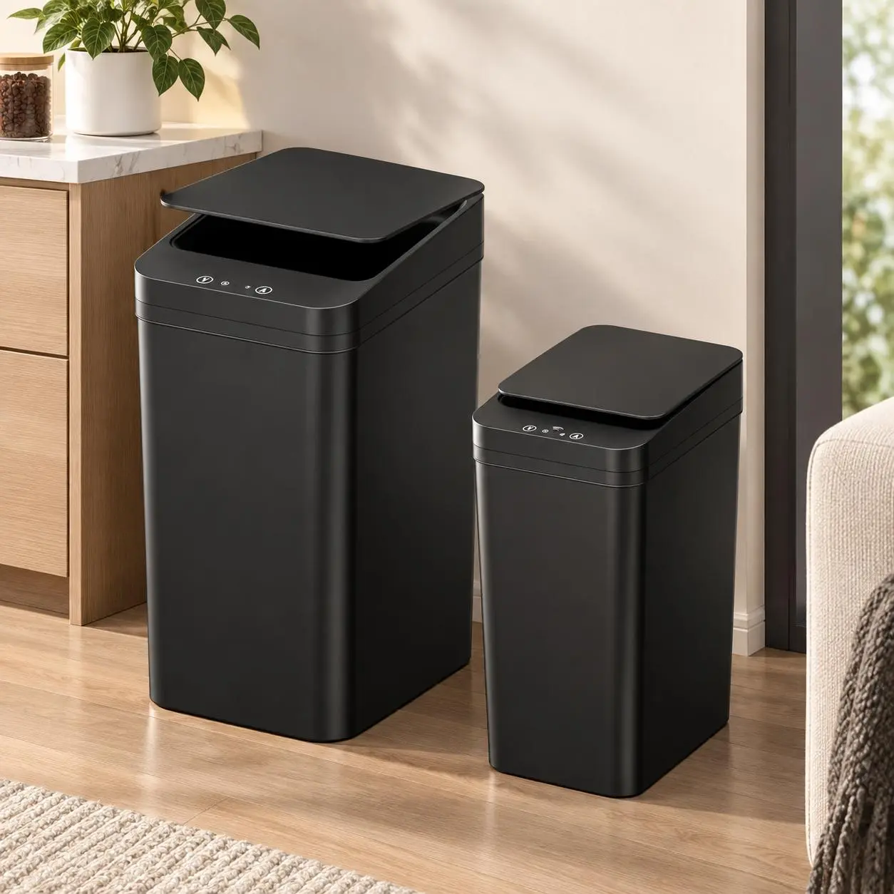 Smart Sensor Trash Can Touchless 3 Sensors Hand Knee Kick Induction Waterproof Odor Sealed Soft Close Auto Close Garbage Bin One Piece Seamless Barrel Odor Proof Silent Waste Bin For Bathroom Kitchen Home Black