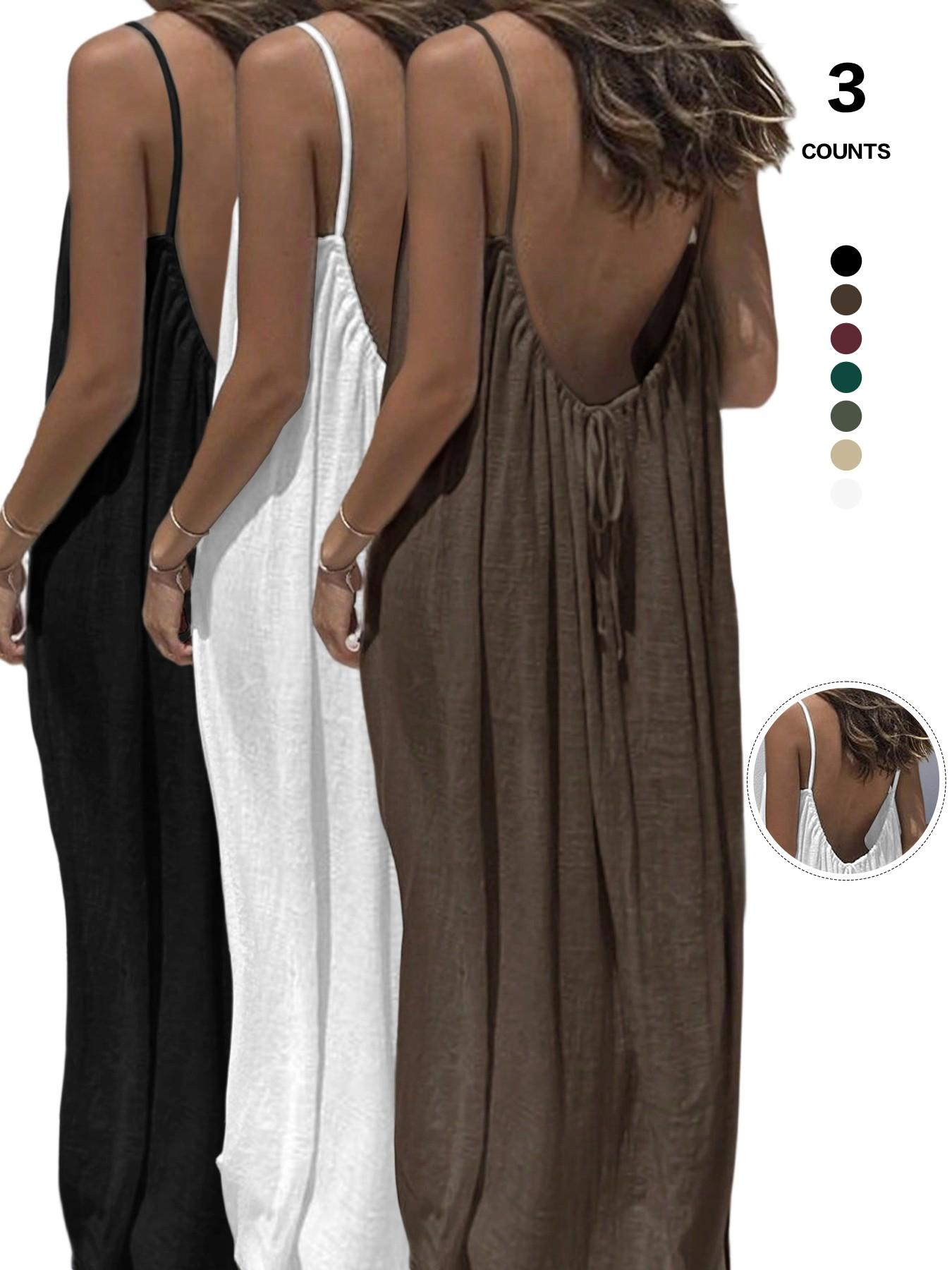 Women's Plain Backless Long Dress, Elegant Sleeveless Loose-Fitting Sleepwear, All Seasons Casual Wear