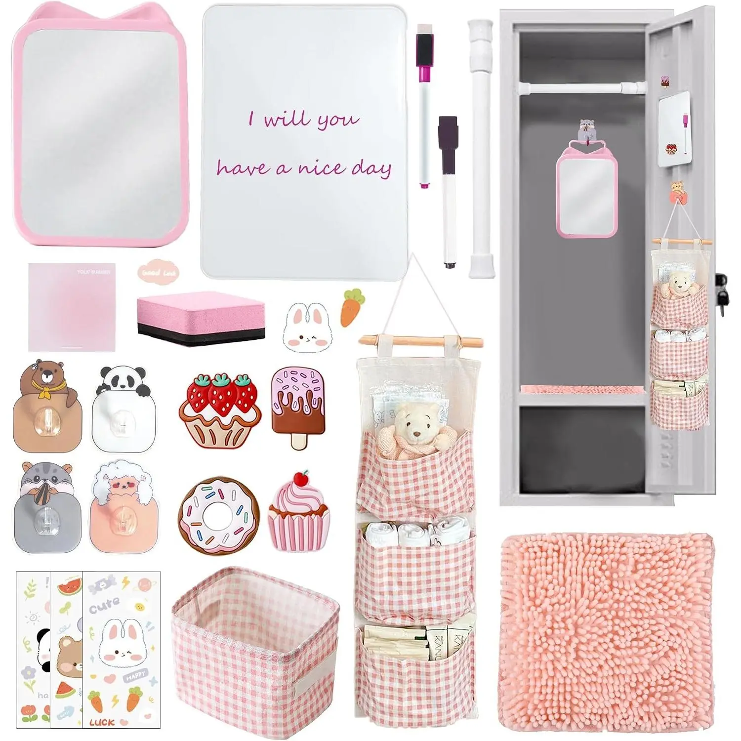 Locker Accessories Kit with Magnetic Whiteboard, Mirror, Hook, Rug, Storage Bag, Pen Holder - Back to School Essentials for Girls' Locker Organizer
