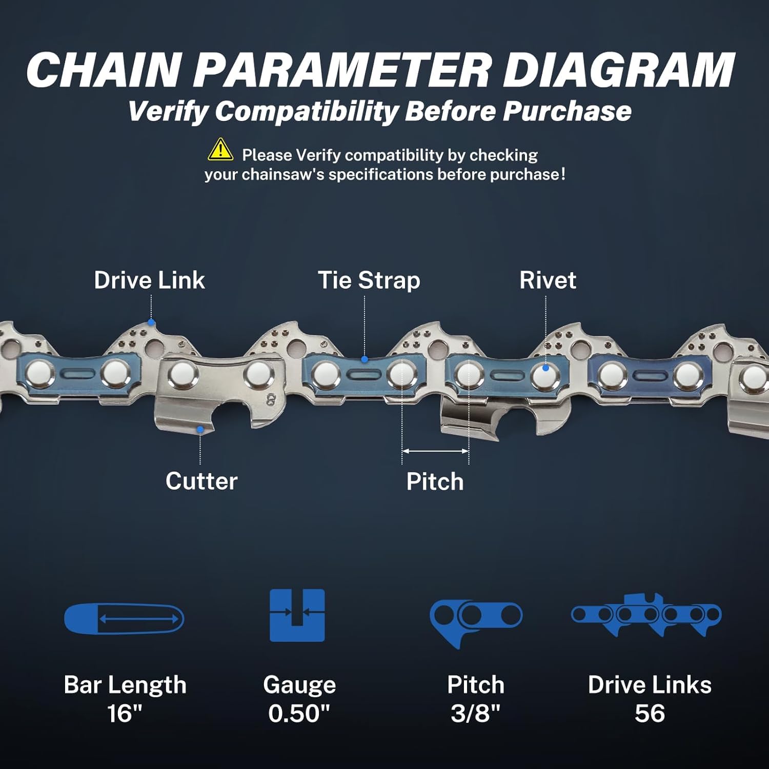 16 Inch Chain, 56 Drive Links, 3/8" LP Pitch .050" Gauge, Fits , Echo, Poulan, Greenworks and (4 Pack) 16 Inch Chain, 56 Drive Links, 3/8" LP Pitch .050" Gauge, Fits , Echo, Poulan, Greenworks and (4 Pack)