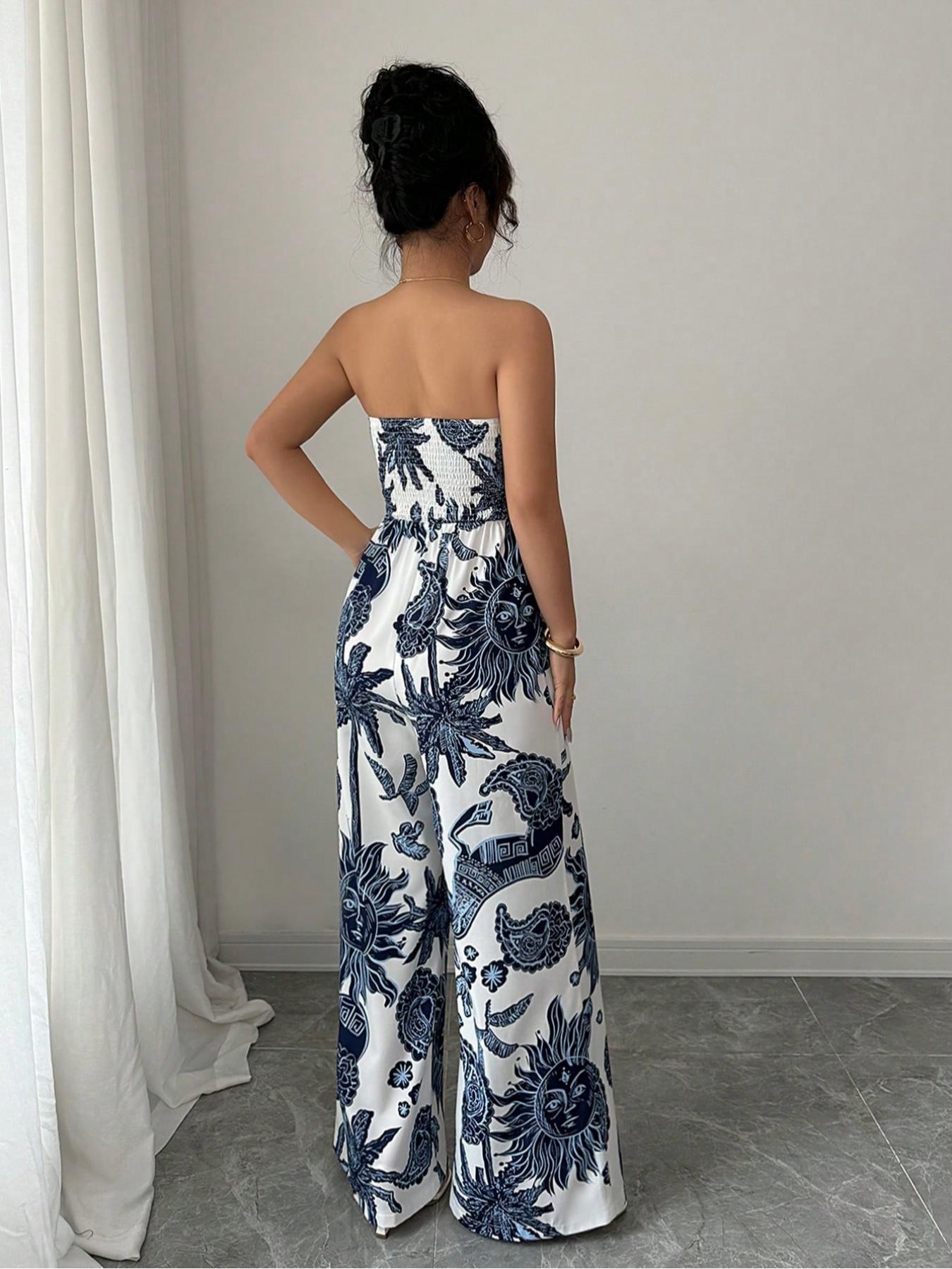 Elegant Women's Strapless Woven Print Romper, Waist-Cinch Wide-Leg Design, Perfect for Vacation & Daily Wear, Stylish One-Piece