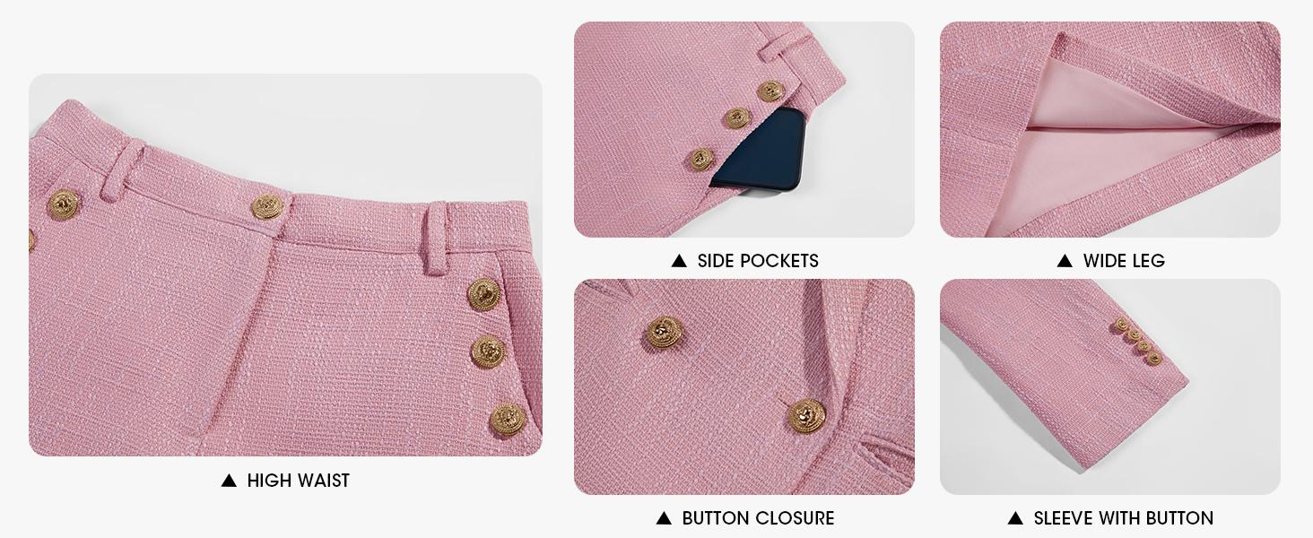 FMEYOA Womens 2 Piece Tweed Blazer Shorts Sets Long Sleeve Double Breasted Suit Jackets Business Outfit Fabric Formal M1H684