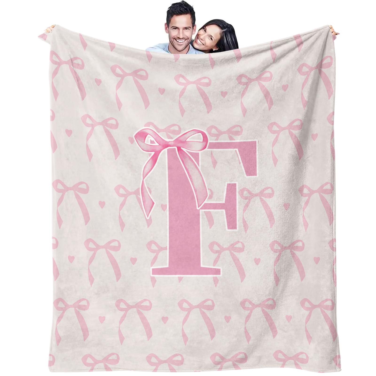 Pink Bow Custom Initial Throw Blanket, Sweet Girl Style Heart Print, Soft Warm Cozy Skin-friendly, Ideal for Bedroom Living Room Sofa Dorm Decor