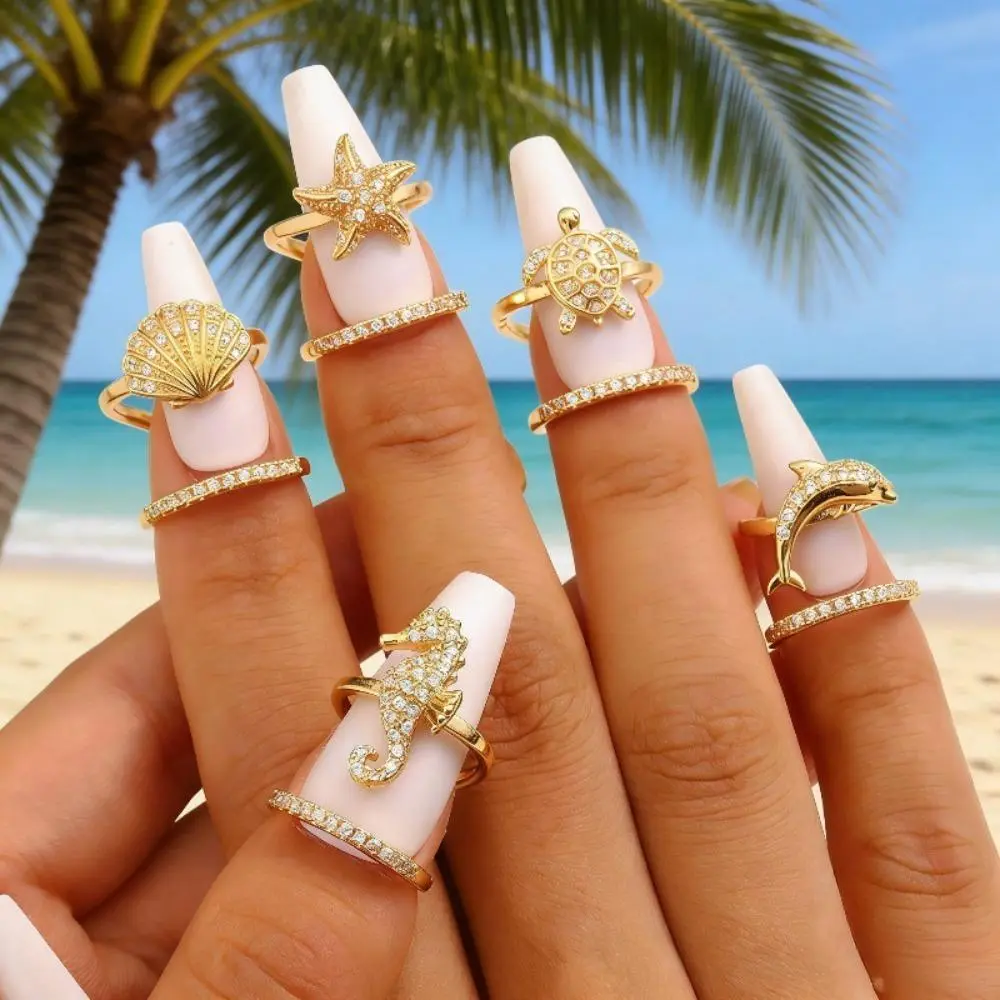 Women's Fashion Lightweight 13.9g Wave Ring - Ocean Wave, Copper-Inlaid Zircon, Adjustable Open Ring, Sea Creature (Turtle, Dolphin, Starfish, Seahorse) Statement Costume Jewelry, Nail Art, Sea Creatures, Wave Rings