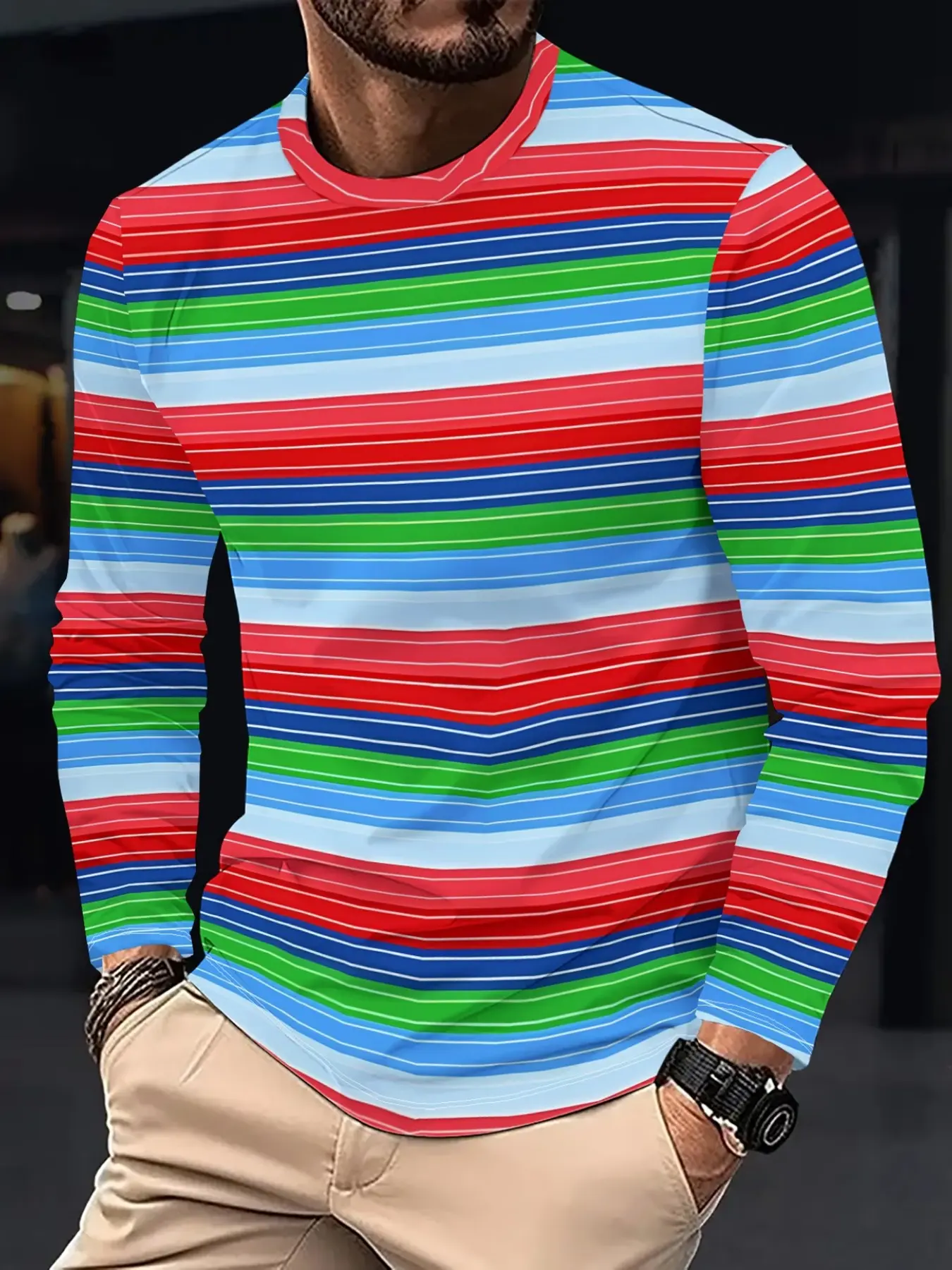 Rainbow Stripe Long Sleeve T-Shirt for Men, Round Neck Loose Fit Casual Top, Multi-Color Patchwork Trendy Design, Comfortable Breathable Baselayer