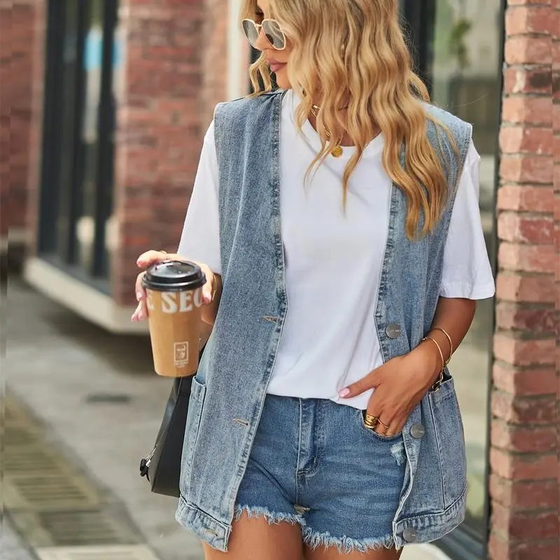 Women's Casual Denim Jean Vest Oversized Sleeveless Mid Long Button Down Jeans Jackets Vests Tops Waistcoat