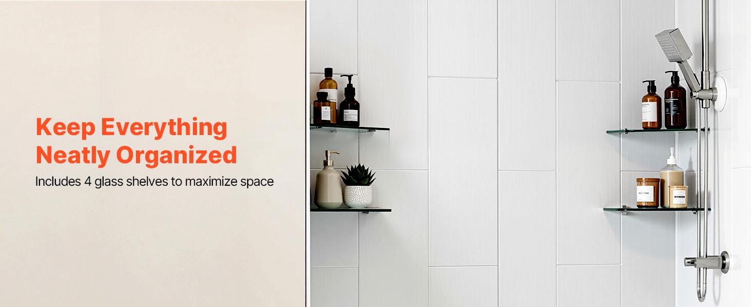 VEVOR Shower Wall Panels, 60 Wx 36 Dx 75 H, 0.14 (3.5 mm) Thick, 3-Panel Waterproof SMC Shower Surround Kit, Quick Install and Trimmable Bathroom Tub Wall Panel Surround Kit with 4 Glass Shelves